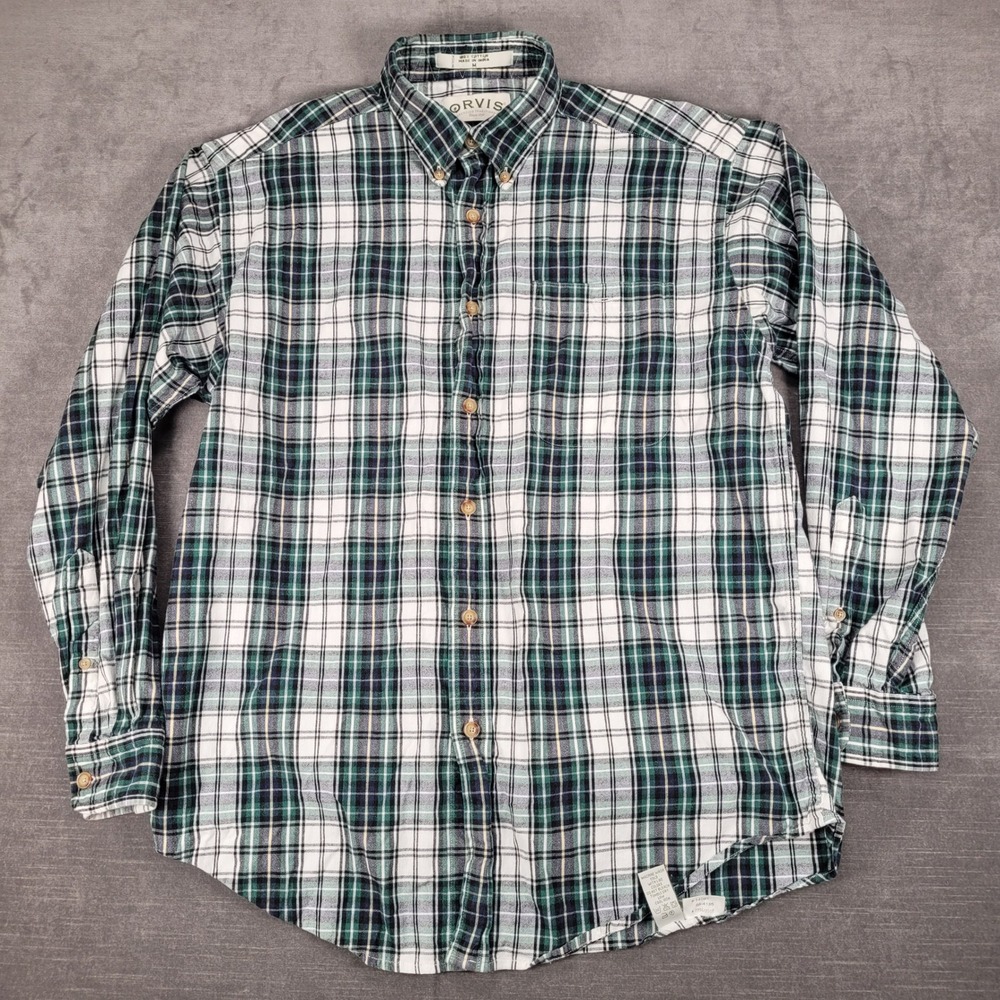 Orvis Mens Flannel Plaid Shirt Long Sleeve Button Down Green White‎ Medium